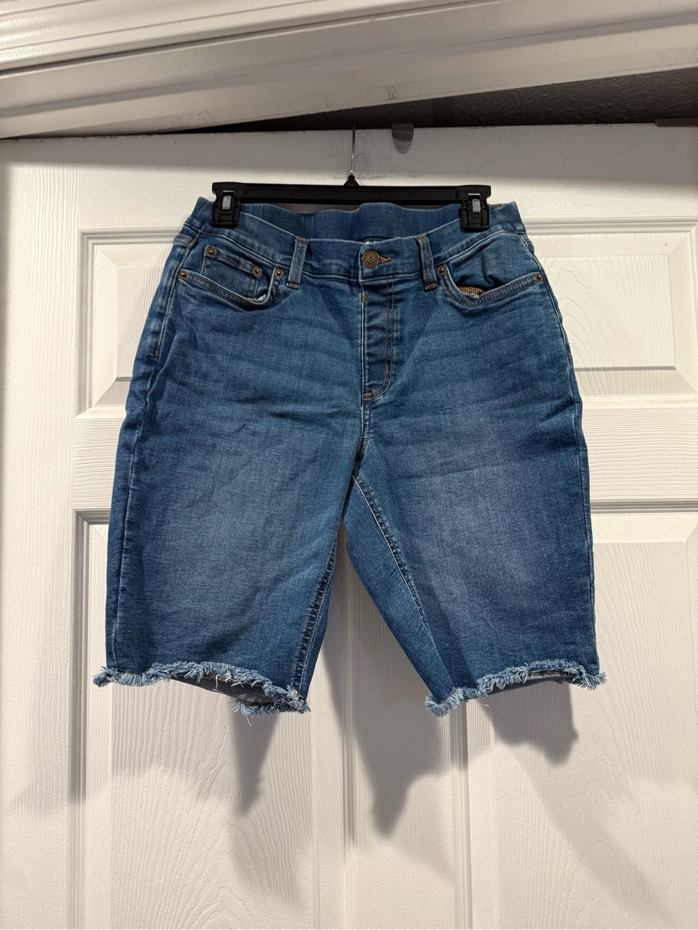 Women’s Blue Denim Bermuda Shorts with Frayed Hem. Size 10 petite